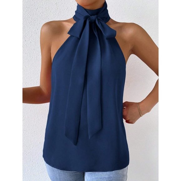 Chic Tie Neck Halter Top Navy Blue - Picture 5 of 6